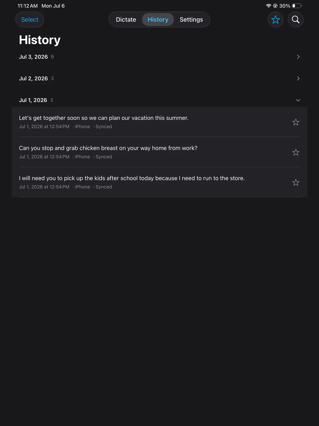 SayCopyPaste History on iPad: dictations grouped by day, each with a favorite star, marked iPhone and Synced.