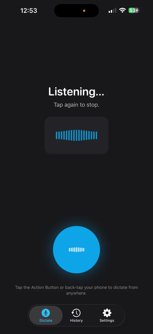 SayCopyPaste on iPhone while you talk: Listening, Tap again to stop, with a live waveform and the record button.