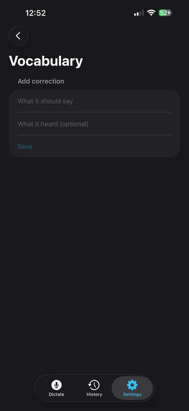 SayCopyPaste Vocabulary on iPhone: Add correction, with What it should say and What it heard.