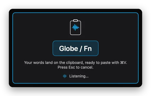 SayCopyPaste on a Mac, first run, while it listens: the Globe / Fn key, “Your words land on the clipboard, ready to paste with ⌘V. Press Esc to cancel.” and Listening…