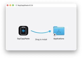 The SayCopyPaste disk image window: drag the SayCopyPaste icon along the arrow onto the Applications folder to install.