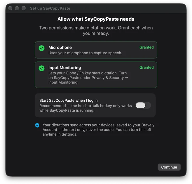 SayCopyPaste on a Mac, first run: Allow what SayCopyPaste needs, with Microphone and Input Monitoring both Granted, a Start SayCopyPaste when I log in switch, off, and a note that your dictations sync across your devices, which you can turn off in Settings.