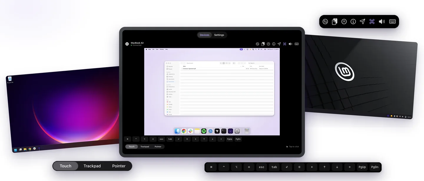 Scry on an iPad controlling a MacBook, with a Windows PC and a Linux desktop behind it and Scry’s input and keyboard controls floating in front.