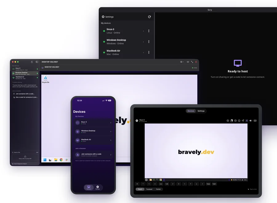 Scry on a Linux PC, a Mac, an iPhone and an iPad, with the same three computers in every device list.