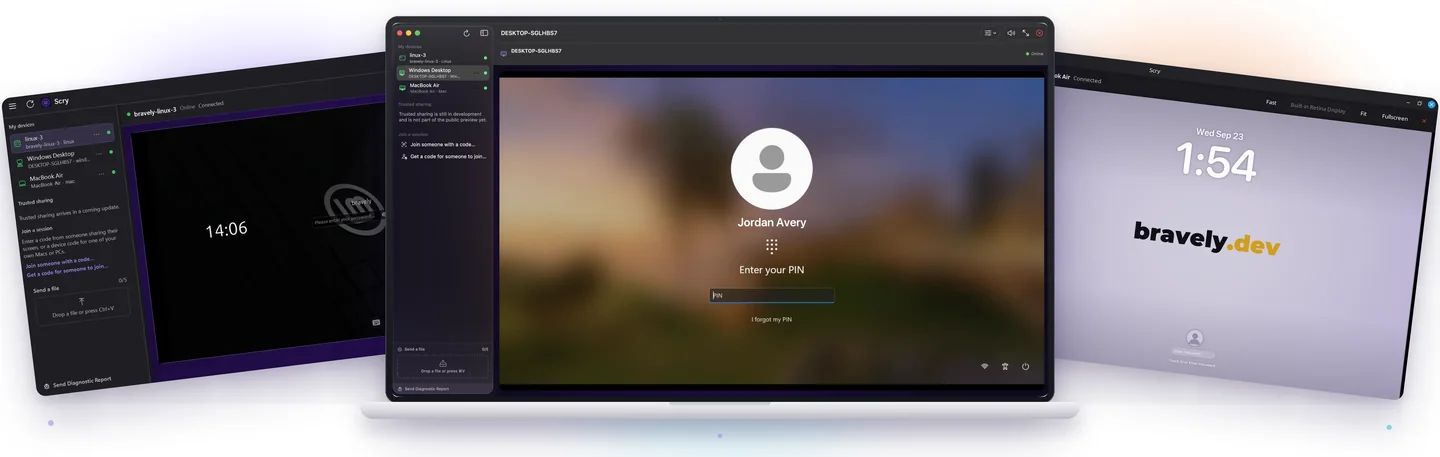 Scry running on a Mac, a Windows PC and a Linux machine, each connected to another computer sitting at its lock screen.