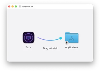 The Scry disk image window: drag the Scry icon along the arrow onto the Applications folder to install.