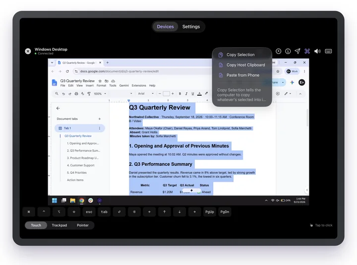 Scry on iPad connected to a Windows PC, with a Google Doc selected and the clipboard menu open.