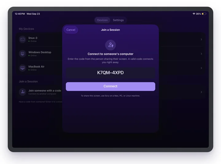Scry on iPad: the Join a Session sheet with a one-time code entered.