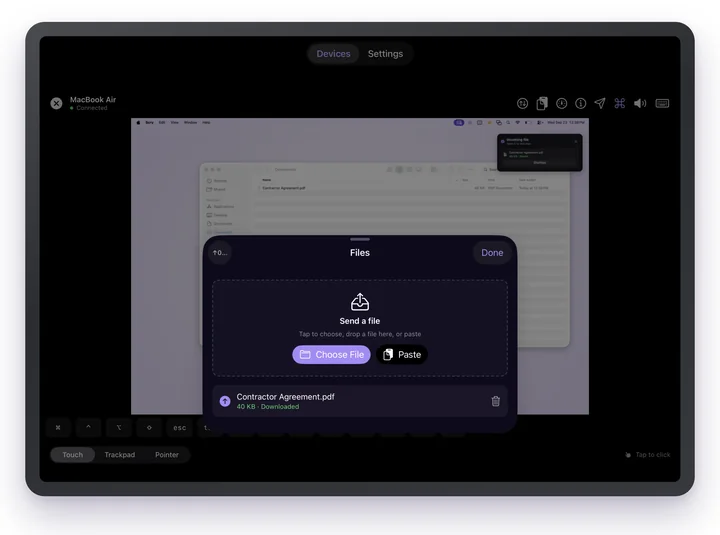 Scry on iPad sending a PDF to a Mac, with the Mac showing it saved.