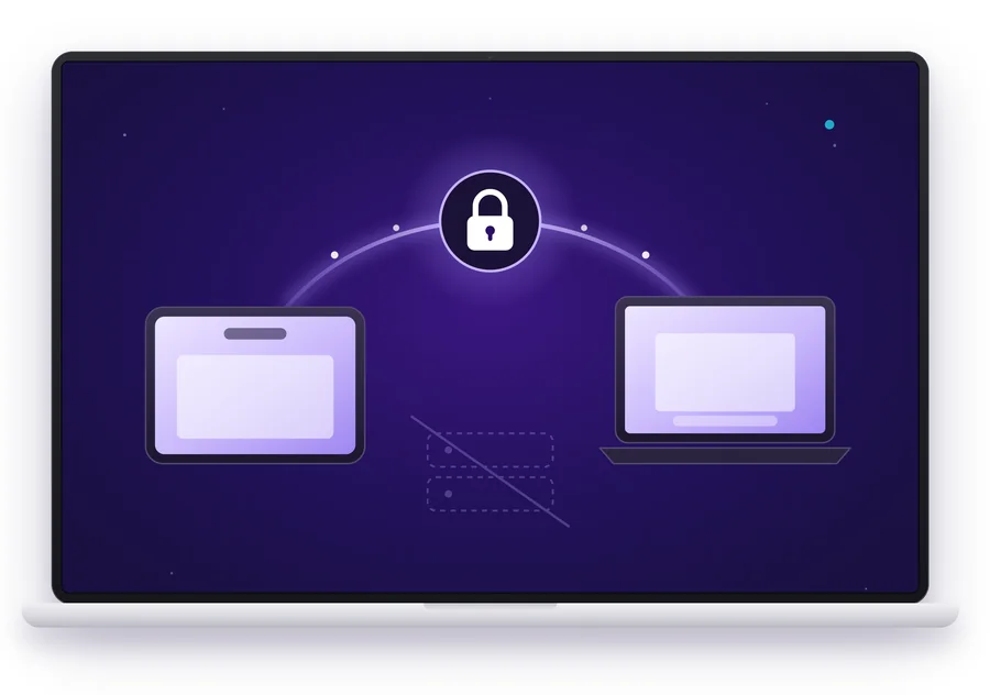 Illustration of an iPad and a laptop connected by an encrypted link, with a crossed-out server.