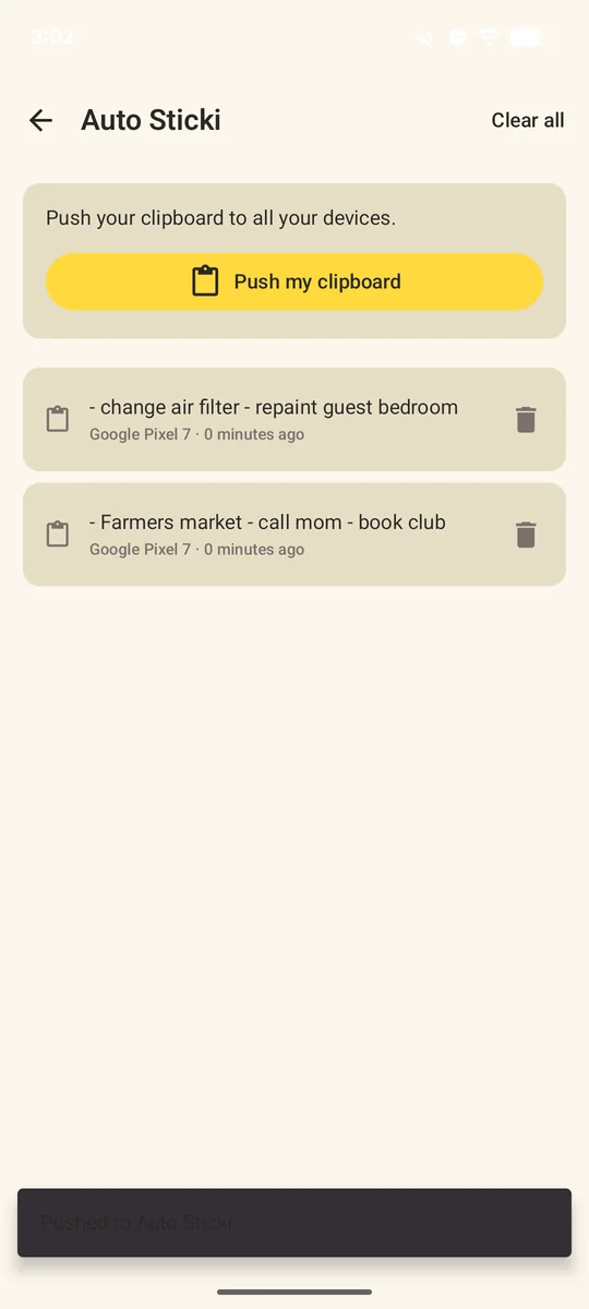 Sticki.ly on Android: Auto Sticki with the Push my clipboard button and two items.