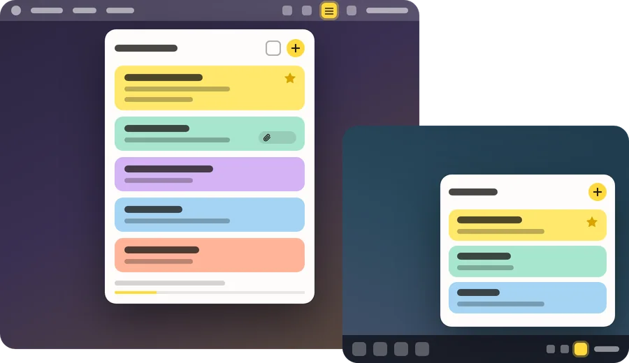 Illustration of Sticki.ly open from a Mac menu bar and from a Windows or Linux system tray, each showing a list of colored stickis.