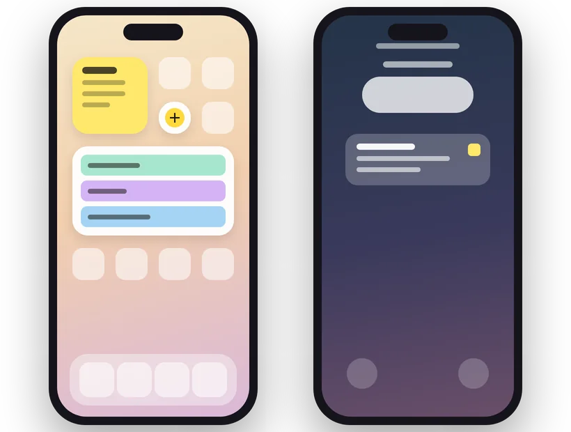 Illustration of a phone Home Screen with Sticki.ly widgets, and a Lock Screen with a Sticki.ly widget.