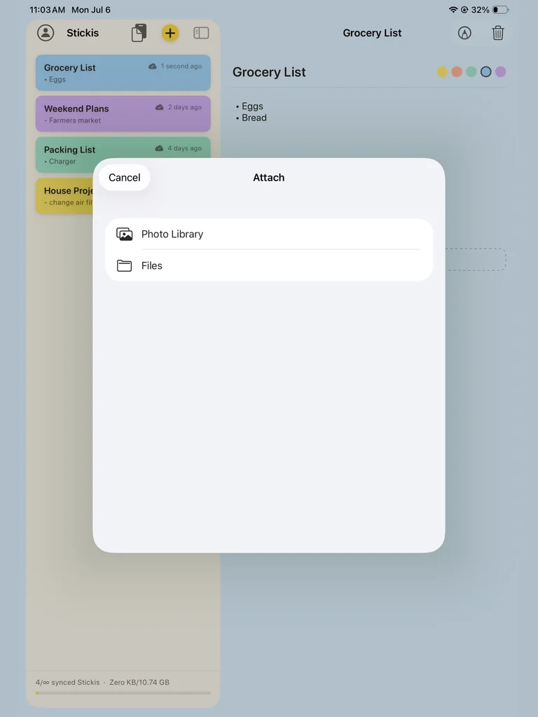 Sticki.ly on iPad: a Grocery List sticki open with the Attach sheet offering Photo Library and Files.