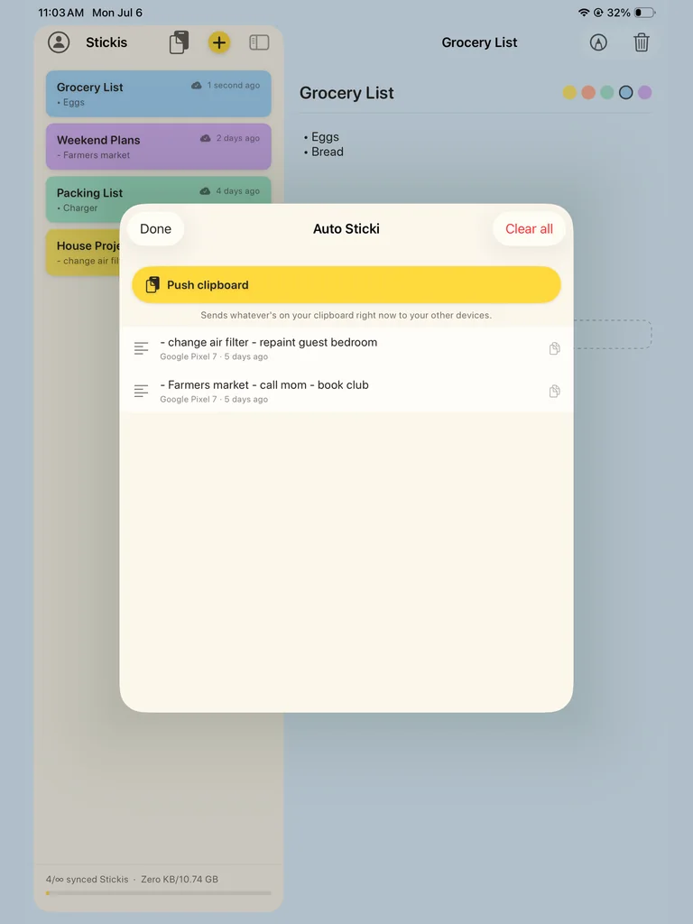 Sticki.ly on iPad: a Grocery List sticki open with the Auto Sticki sheet and its Push clipboard button.