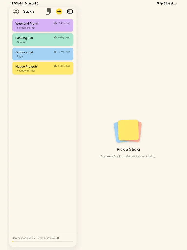 Sticki.ly on iPad: the list of stickis beside the editor, waiting for you to pick one.