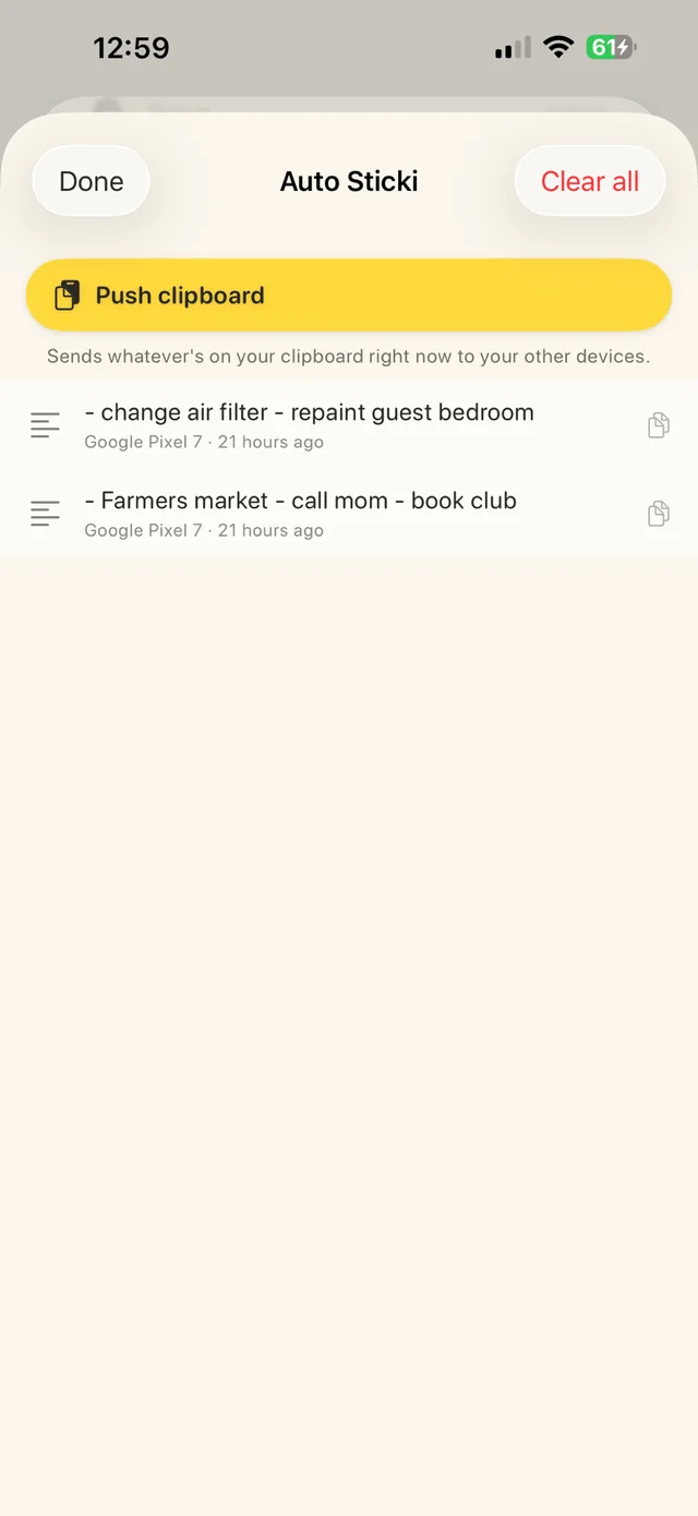 Sticki.ly on iPhone: Auto Sticki with the Push clipboard button and two items sent from another device.