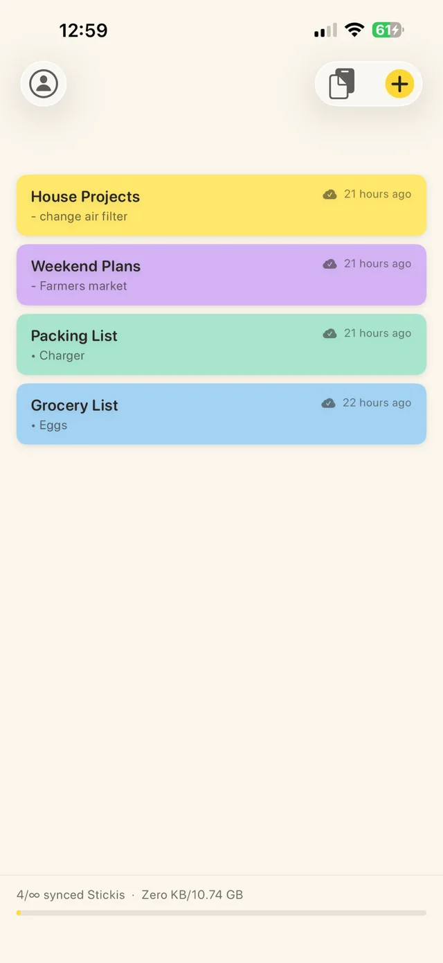 Sticki.ly on iPhone: a list of four stickis in yellow, lilac, mint and blue.