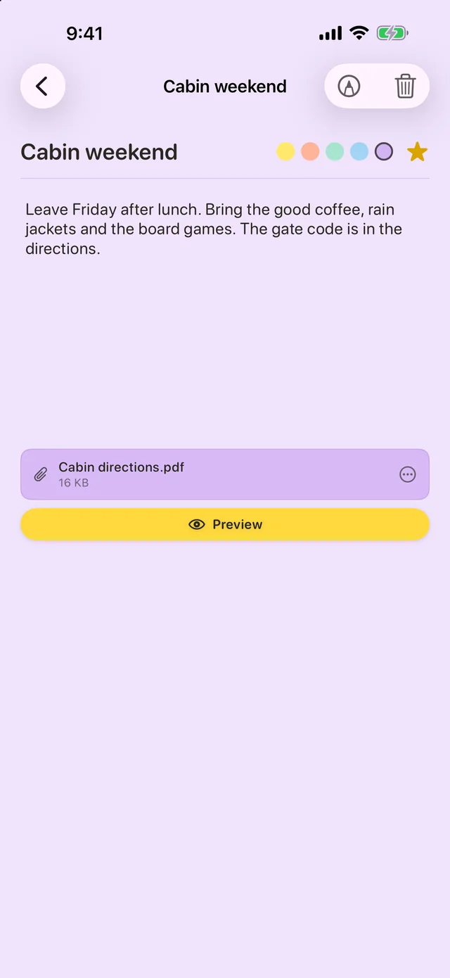 Sticki.ly on iPhone: a lilac sticki called Cabin weekend open for editing, with the five color dots, a gold star, a short note and the attached Cabin directions.pdf with a Preview button.