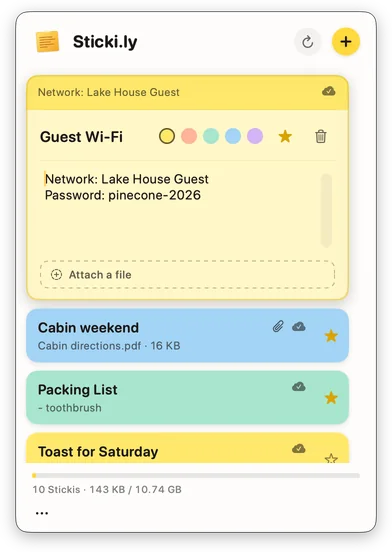 A yellow sticki called Guest Wi-Fi open inside Sticki.ly’s dropdown on a Mac, starred, with its network and password lines and an Attach a file zone below the text.