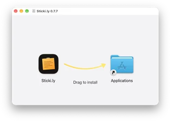 The Sticki.ly disk image window: drag the Sticki.ly icon along the arrow onto the Applications folder to install.