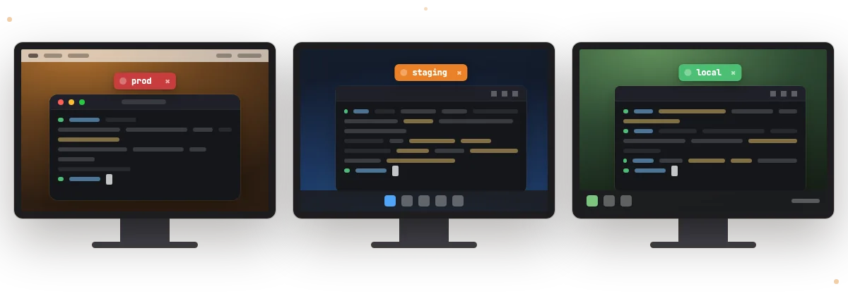 Illustration of a Mac, a Windows PC and a Linux desktop, each with a tagged terminal window.