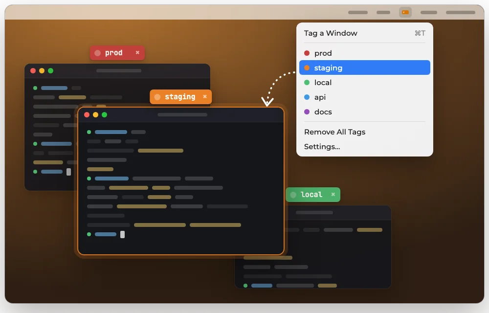 Illustration of the Terminal Tags menu in a Mac menu bar listing five tags by color and name, with staging picked and its window brought to the front.