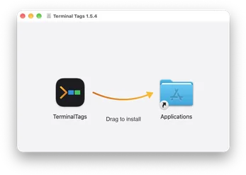 The Terminal Tags disk image window: drag the Terminal Tags icon along the arrow onto the Applications folder to install.
