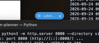 A tag just placed on a Terminal window: a blue pill with a dot, the placeholder “Label…” and an ×, ready for a name.