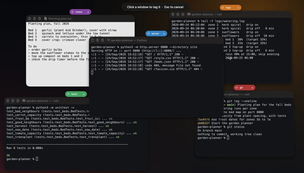 Tagging a window: the desktop is dimmed, a pill at the top reads “Click a window to tag it · Esc to cancel”, and the crosshair pointer sits over a Terminal window; four tagged windows around it.