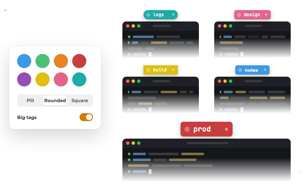 Illustration of the eight tag colors, the Pill, Rounded and Square shapes and Big tags, beside tags drawn in each style.