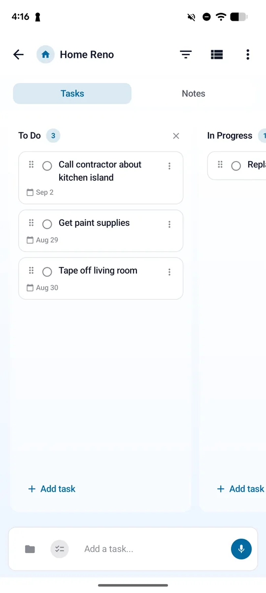 Todoing.ly on Android: the Home Reno project as a board, with To Do and In Progress columns.