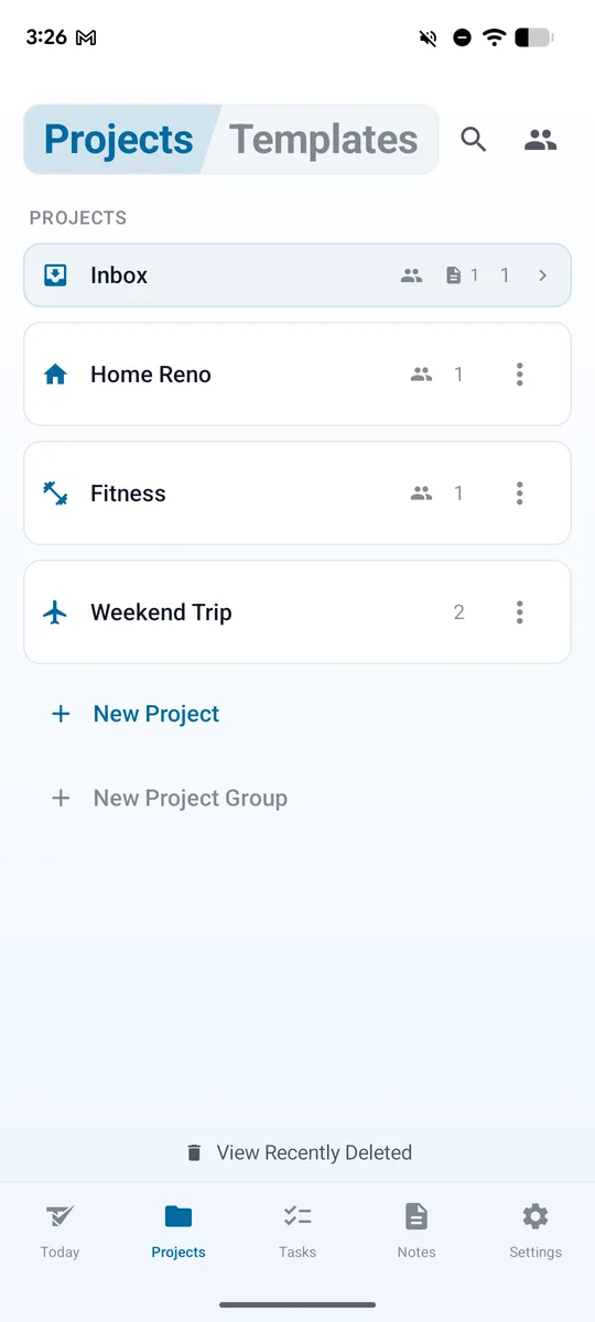 Todoing.ly on Android: the Projects list, with Inbox, Home Reno and Fitness marked as shared, and Weekend Trip.