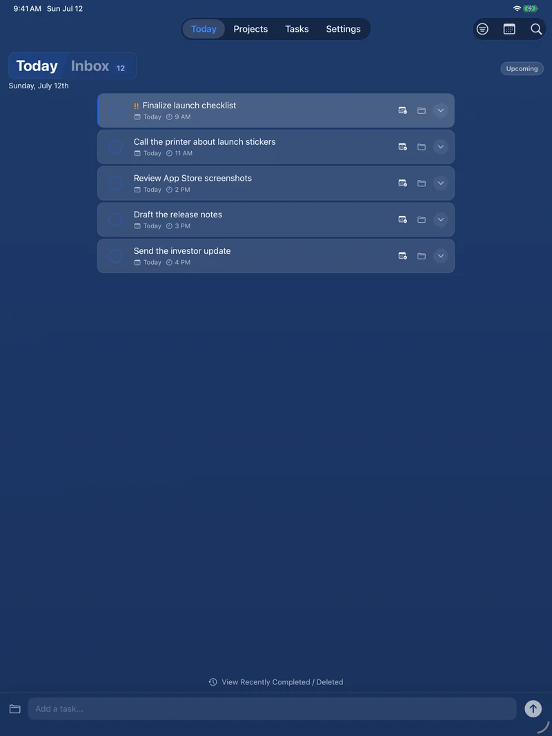 Todoing.ly on iPad: Today, with five tasks due at set times.