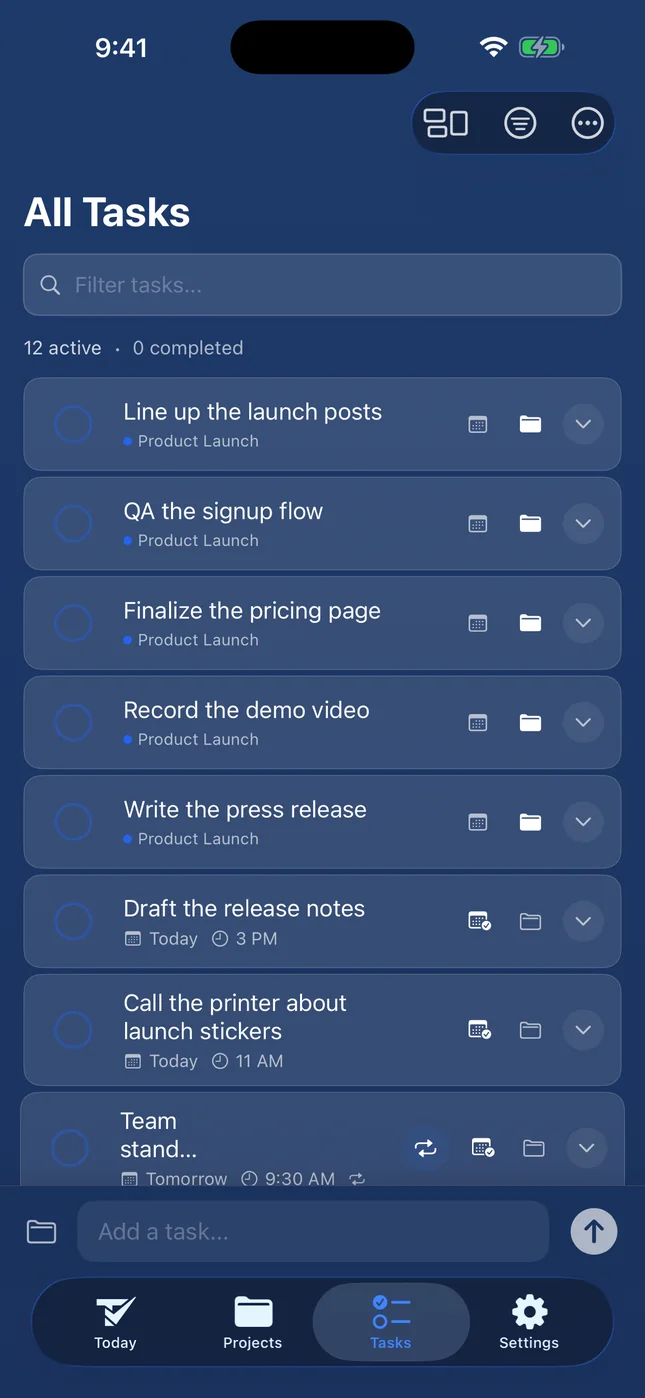 Todoing.ly on iPhone: All Tasks, twelve active, including a repeating Team standup tomorrow at 9:30 AM.