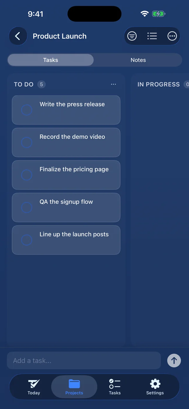 Todoing.ly on iPhone: the Product Launch project as a board, with a To Do column of five cards and an In Progress column.