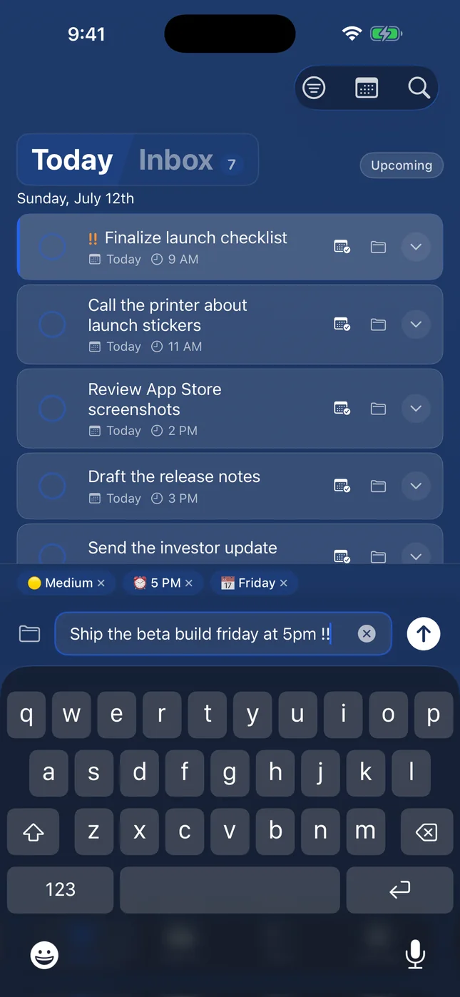 Todoing.ly on iPhone: typing “Ship the beta build friday at 5pm !!” shows Medium, 5 PM and Friday chips above the keyboard.