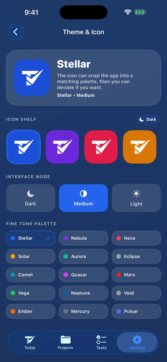 Todoing.ly on iPhone: Theme & Icon, with the Stellar theme in Medium mode, the icon shelf and fifteen palette choices.