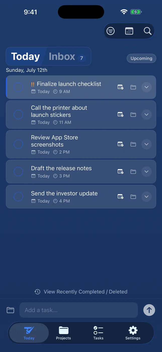 Todoing.ly on iPhone: Today, with five tasks due at set times, a medium-priority checklist at the top.