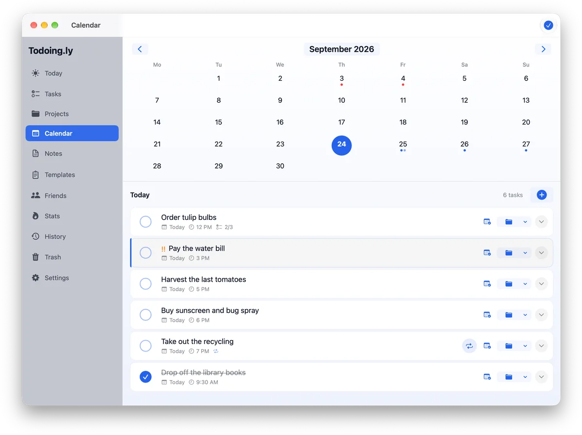 Todoing.ly’s Calendar on a Mac: September 2026 with the 24th selected, and that day’s six tasks below it, from Order tulip bulbs at 12 PM to Take out the recycling at 7 PM, with Drop off the library books checked off.