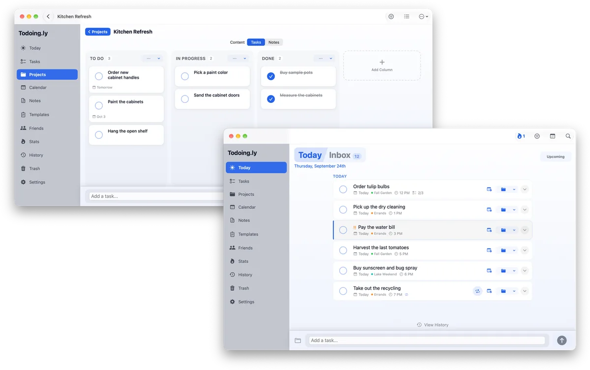 Todoing.ly on a Mac, twice: the Kitchen Refresh project as a board with To Do, In Progress and Done columns, and in front, Today with six tasks, each with its project and time, one marked !! and one that repeats.