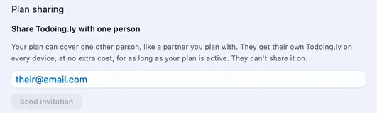 Todoing.ly’s Plan sharing setting on a Mac: Share Todoing.ly with one person. Your plan can cover one other person, like a partner you plan with. They get their own Todoing.ly on every device, at no extra cost, for as long as your plan is active. A partner email box and a Send invitation button follow.