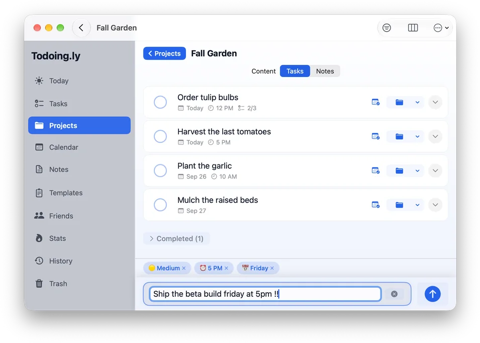 Typing “Ship the beta build friday at 5pm !!” into Todoing.ly on a Mac: Medium, 5 PM and Friday chips appear above the box.