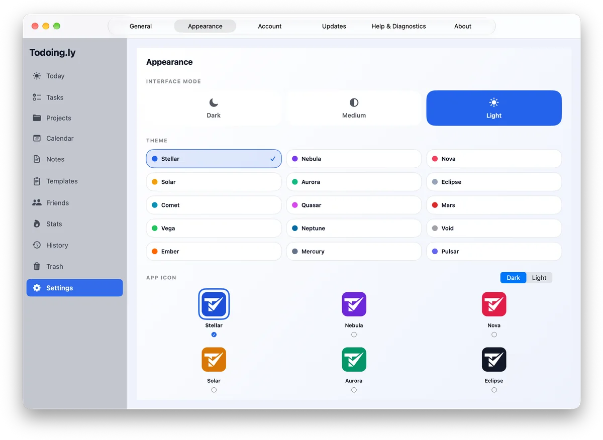 Todoing.ly’s Appearance settings on a Mac: Dark, Medium and Light modes, 15 themes from Stellar to Pulsar, and the first app icons, with Stellar selected.