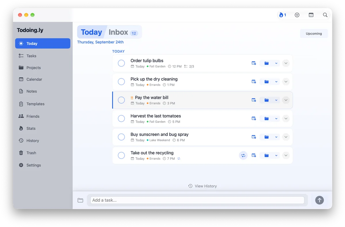 Todoing.ly on a Mac: Today, Thursday, September 24th, with six tasks from Fall Garden, Errands and Lake Weekend, due from 12 PM to 7 PM. Pay the water bill is marked !! and Take out the recycling repeats.