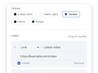 The link page editor with the Sunset theme picked and a Latest video link added