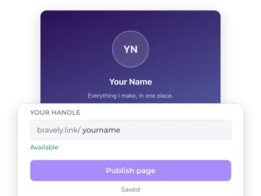 The handle bravely.link/yourname marked Available above the Publish page button, with the live preview of the page