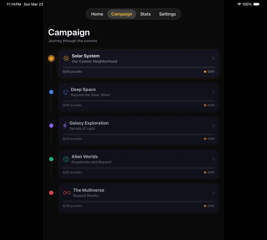 The Wordsearch.ly campaign on iPad: Solar System, Deep Space, Galaxy Exploration, Alien Worlds and The Multiverse