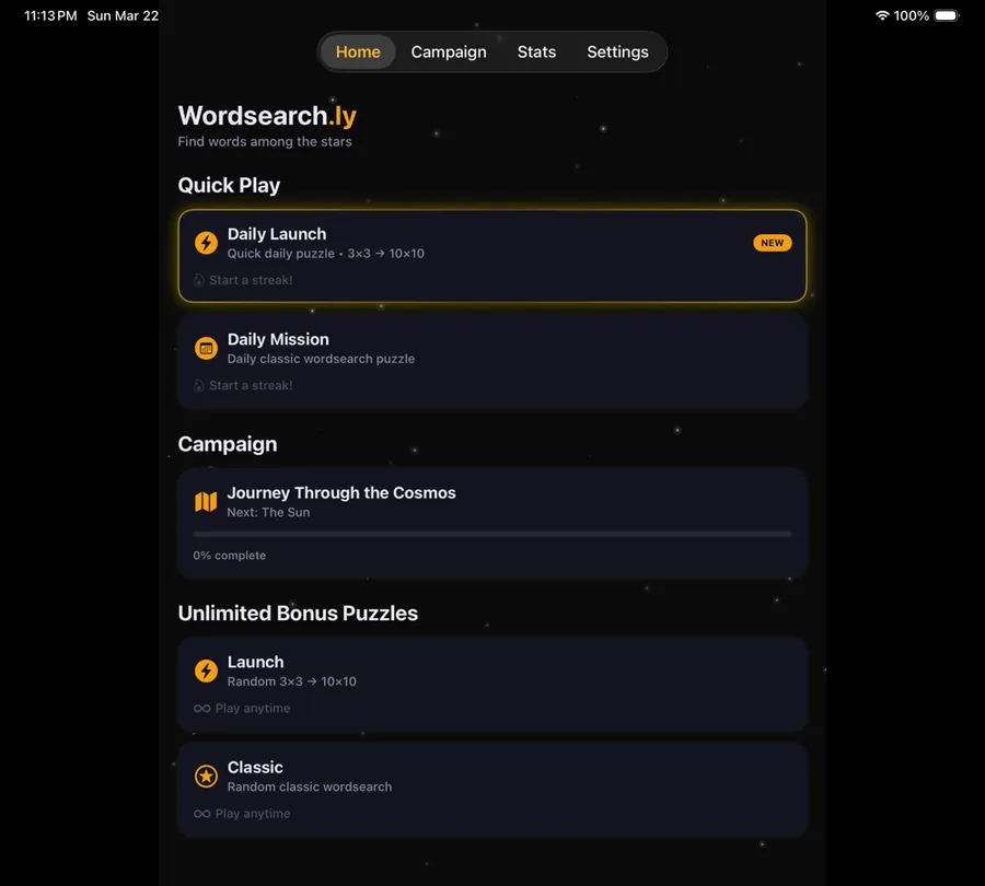 Wordsearch.ly's home screen on iPad: Quick Play, Campaign and Unlimited Bonus Puzzles