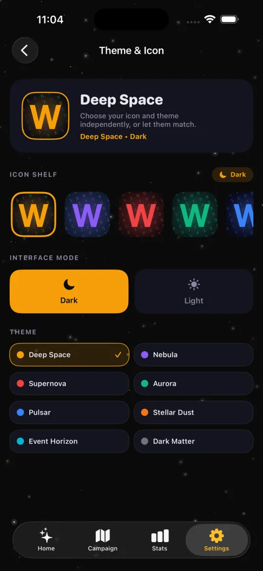 Wordsearch.ly's Theme & Icon screen